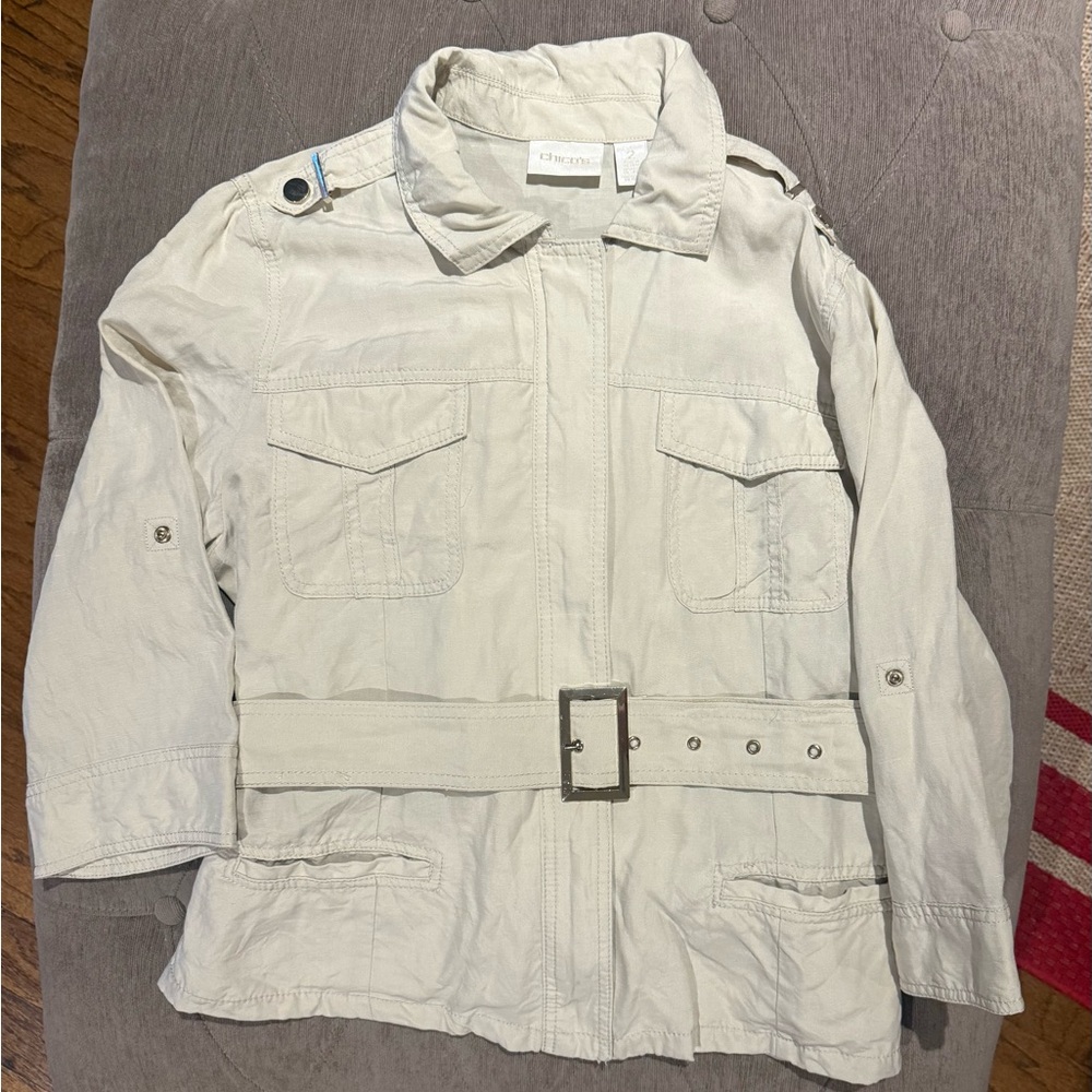 Chico's Beige Light Jacket with Belt 3/4 Sleeve Gold Accent Size 2